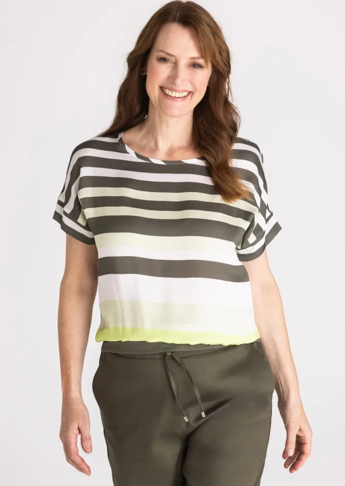 Blusenshirt mit Blockstreifen - khaki / cremeweiss / hellgrün - Gr. 38 von Goldner Fashion