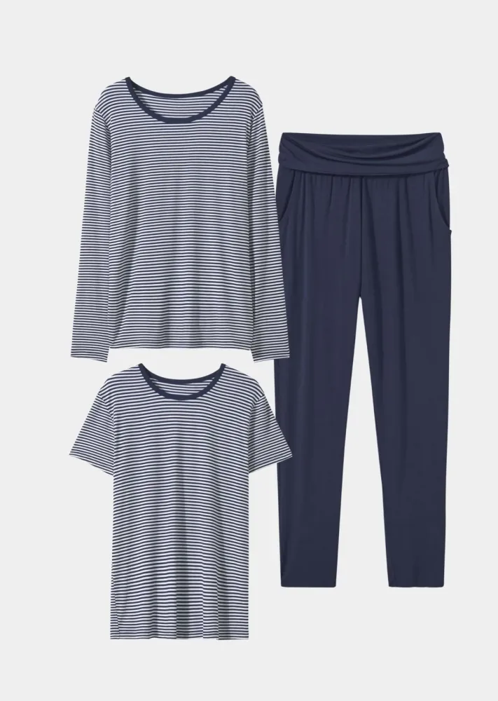 3tlg. Jersey-Loungewear-Set - marine / weiss / geringelt - Gr. 40 von Goldner Fashion