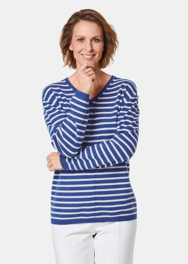 Kaschmirpullover mit V-Ausschnitt - marine / weiss / geringelt - Gr. 21 von Goldner Fashion