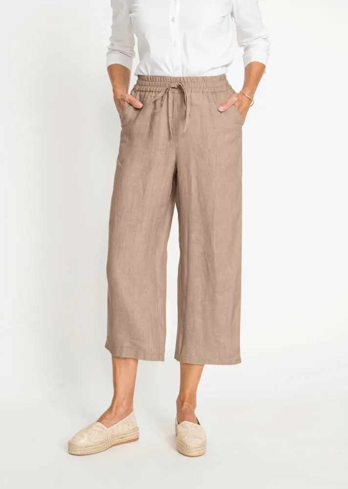 Leinenhose VERA mit weitem Bein - beige / méliert - Gr. 26 von Goldner Fashion