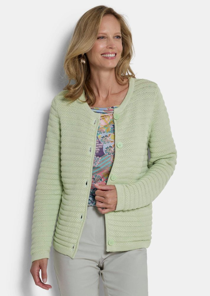 Ajour-Strickjacke aus reiner Baumwolle - salbei - Gr. 24 von Goldner Fashion