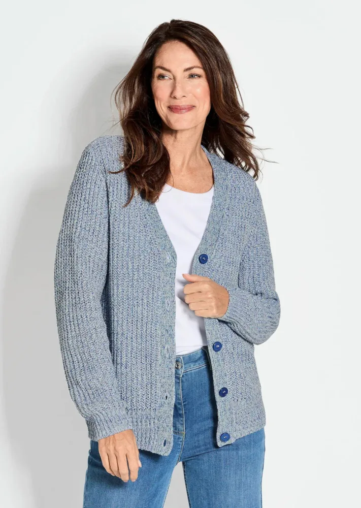 Strickjacke aus Multicolor-Bändchengarn - marine / weiss / gemustert - Gr. 23 von Goldner Fashion