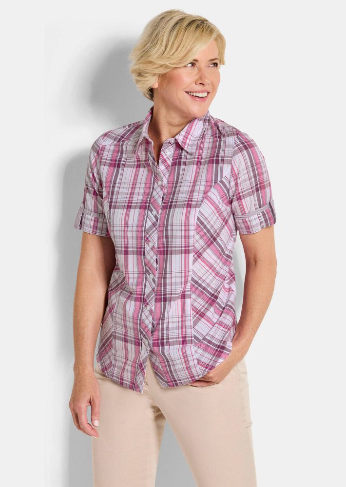 Karo-Bluse aus reiner Baumwolle - rosé / kariert - Gr. 24 von Goldner Fashion