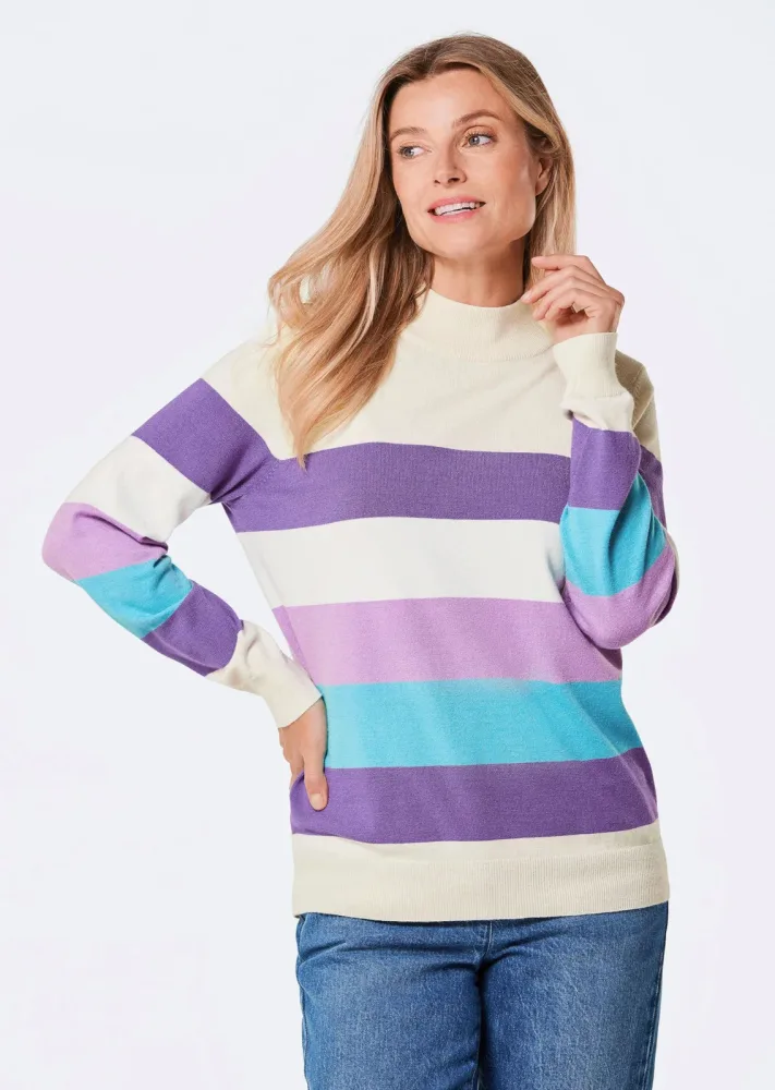 Strickpullover mit Blockstreifen - beige / gemustert - Gr. 38 von Goldner Fashion
