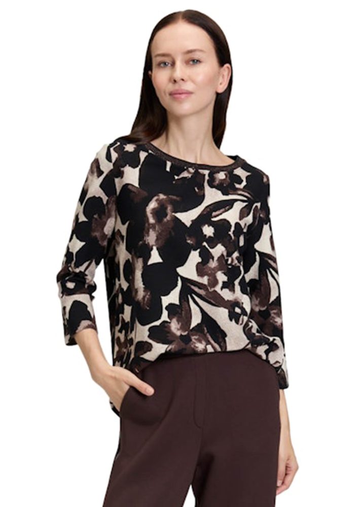 Blumenshirt aus dichter Strukturware - beige / braun - Gr. 38 von Goldner Fashion