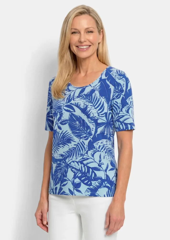 Viskoseshirt mit grafischem Blättermuster - blau / hellblau / gemustert - Gr. 19 von Goldner Fashion