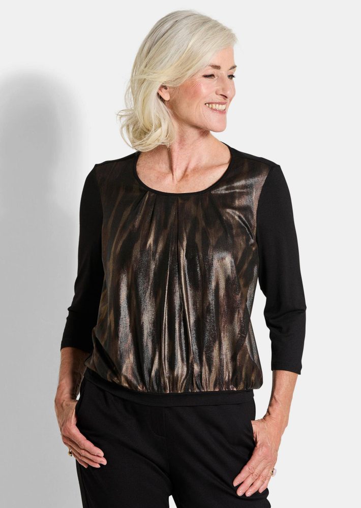 Stretchbequemes Blusenshirt mit schimmerndem Druck - schwarz / kupferfarben / goldfarben / gemustert - Gr. 21 von Goldner Fashion