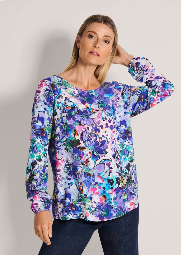 Bluse mit Blumenprint - lila / gemustert - Gr. 42 von Goldner Fashion