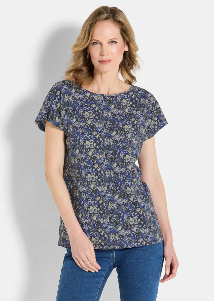 Jersey-Shirt mit überschnittenen Schultern - blau / stein / gemustert - Gr. 46 von Goldner Fashion