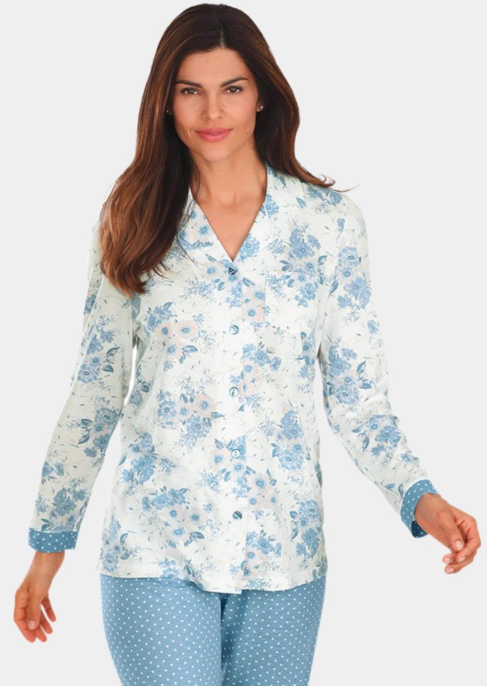 Geblümtes Pyjamaoberteil Mix&Match - hellblau / rosé / geblümt - Gr. 40/42 von Goldner Fashion