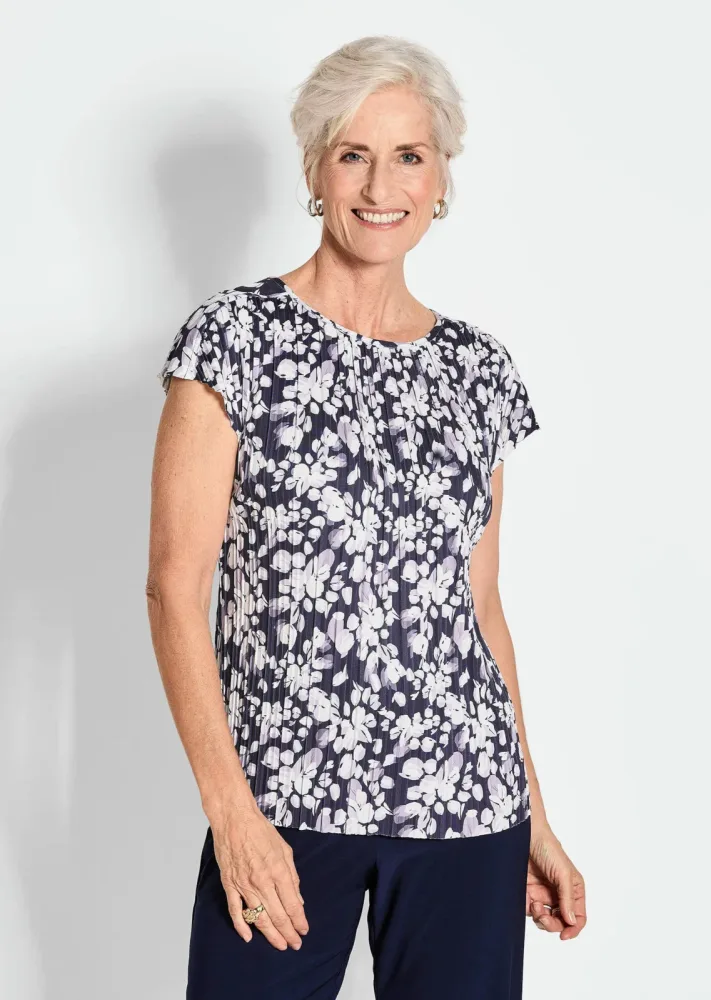 Plissee-Shirt - marine / weiß / geblümt - Gr. 21 von Goldner Fashion