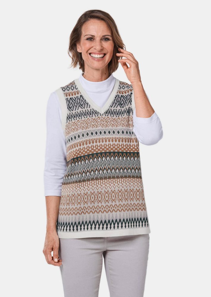 Wunderschöner Pullunder mit Jacquardmuster - grau / camel / gemustert - Gr. 20 von Goldner Fashion