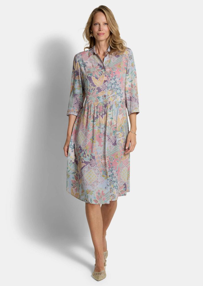 Hemdblusenkleid aus reiner Viskose - salbei / rosé / gemustert - Gr. 25 von Goldner Fashion