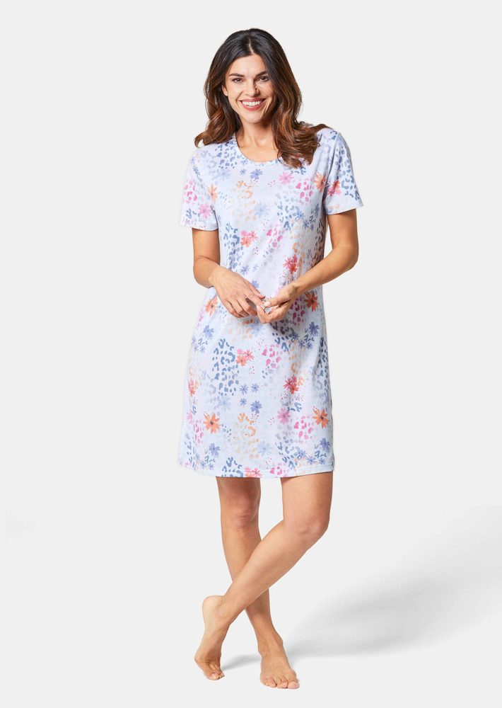 Halbarm-Nachthemd mit Blütendruck - blau / pink / orange / gemustert - Gr. 18/19 von Goldner Fashion