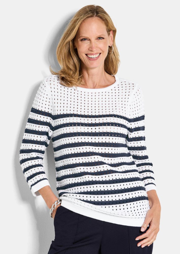 Maritimer Ringelpullover mit Ajourmuster - weiss / marine / geringelt - Gr. 21 von Goldner Fashion