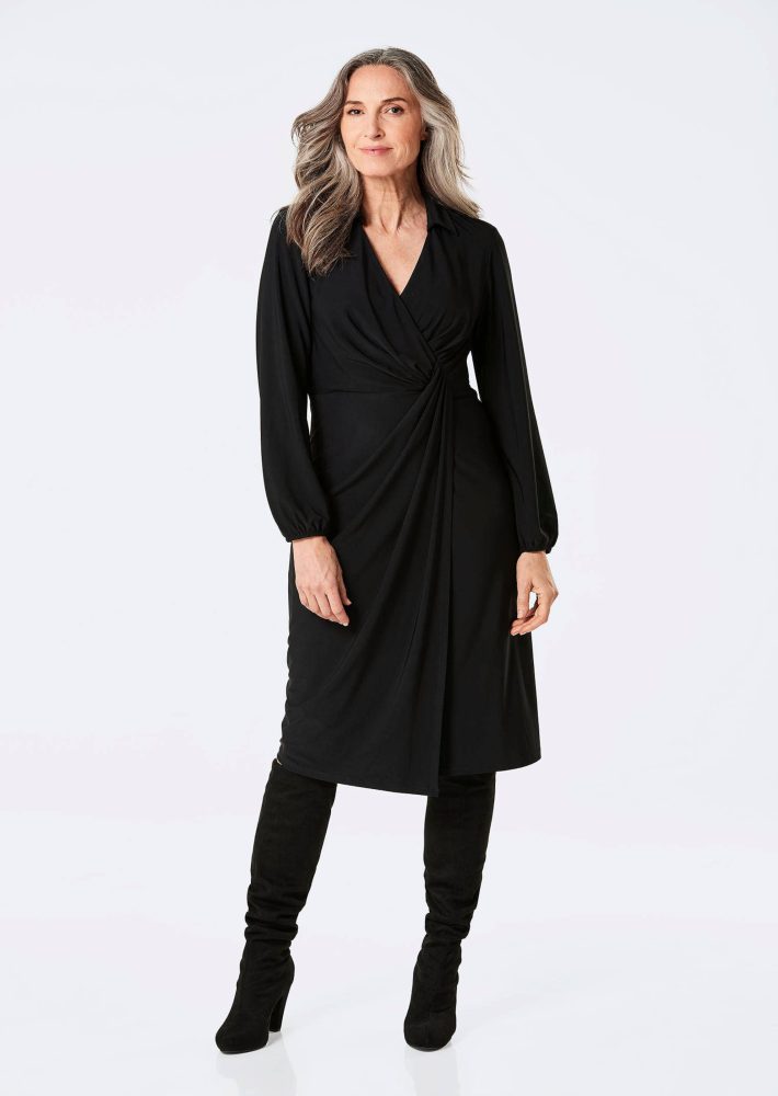 Wickelkleid mit Hemdkragen - schwarz - Gr. 22 von Goldner Fashion