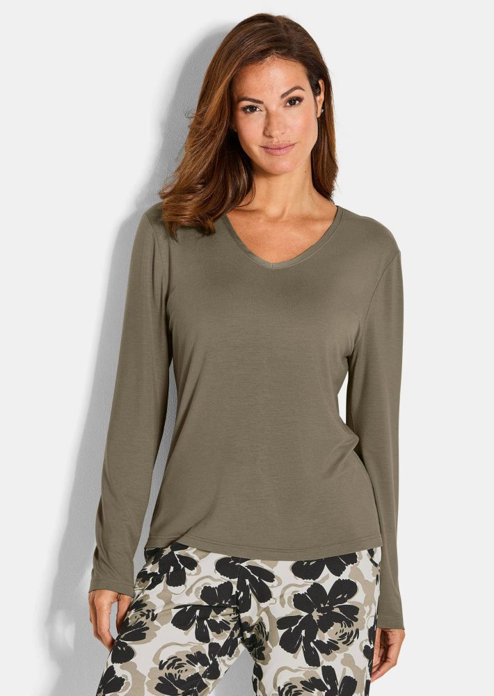 Pyjamashirt aus Viskose - khaki - Gr. 42 von Goldner Fashion