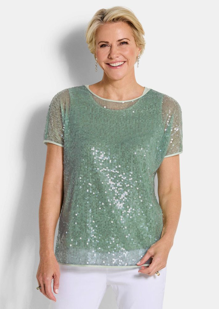 Paillettenbluse mit Top aus Viskose-Satin - salbei - Gr. 20 von Goldner Fashion