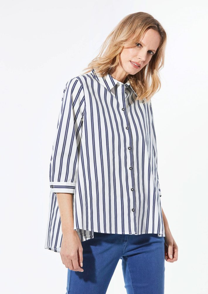 Schlichte Baumwoll-Bluse mit 3/4-Arm - weiss / marine / gestreift - Gr. 19 von Goldner Fashion