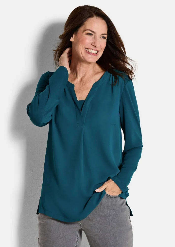 Blusenshirt mit Chiffon-Einsatz - petrol - Gr. 46 von Goldner Fashion