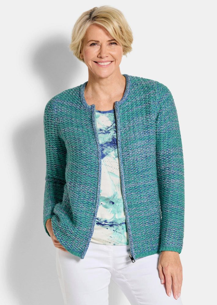 Strickjacke mit verdecktem Reissverschluss - türkis / gemustert - Gr. 19 von Goldner Fashion