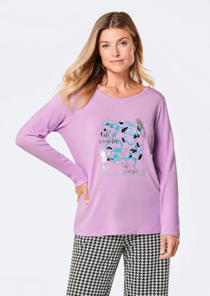 Langarmshirt mit Glitzer-Druck - flieder / gemustert - Gr. 19 von Goldner Fashion