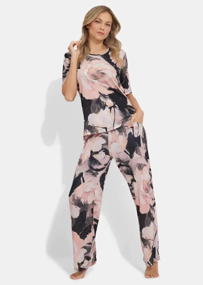 Pyjama mit grossem Blütendruck - rosé / anthrazit / gemustert - Gr. 20 von Goldner Fashion