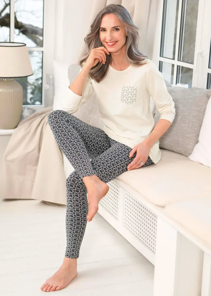 Baumwoll-Pyjama mit Langarm - champagner / anthrazit / gemustert - Gr. 20/21 von Goldner Fashion