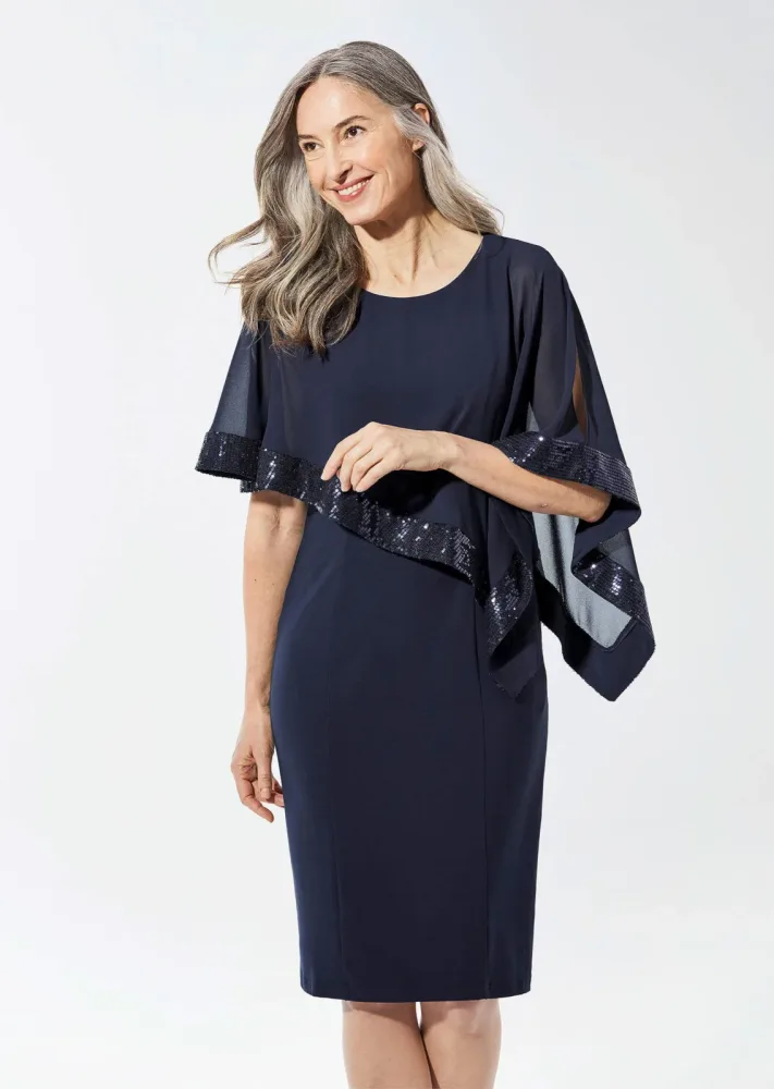Kleid mit raffiniertem Chiffonüberwurf - marine - Gr. 23 von Goldner Fashion
