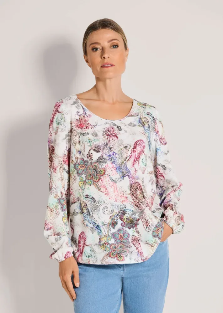 Bluse aus reiner Viskose - weiss / bunt / gemustert - Gr. 50 von Goldner Fashion