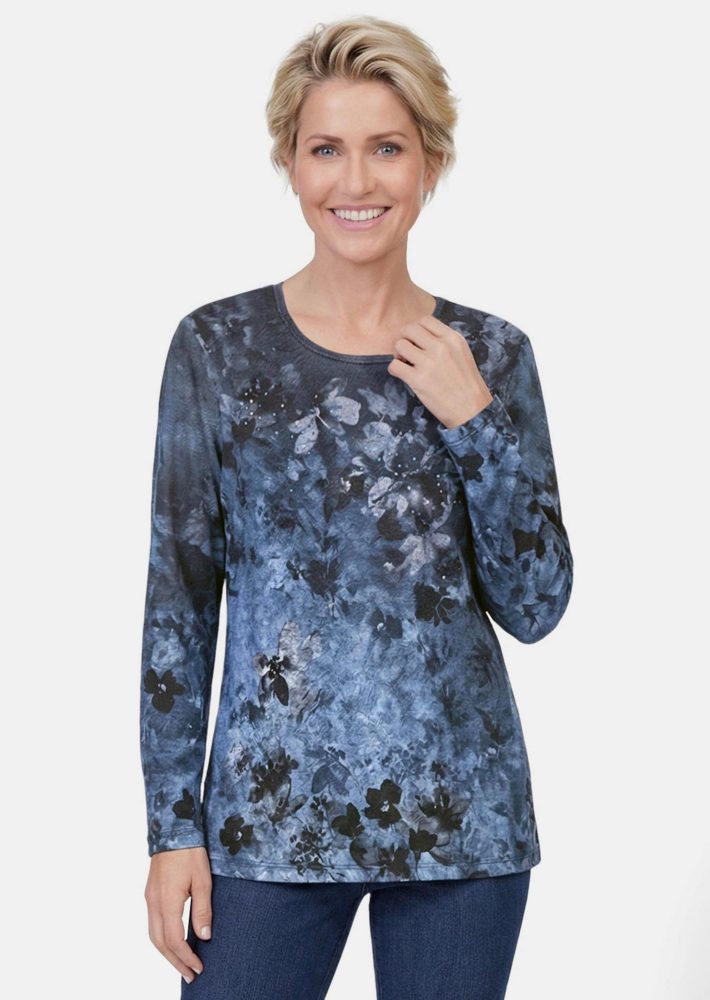 Langarmshirt mit bunten Glitzersteinen - blau / gemustert - Gr. 20 von Goldner Fashion