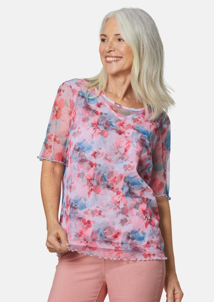 Druckbluse aus herrlich weichem Mesh - smaragd / orange / gemustert - Gr. 21 von Goldner Fashion