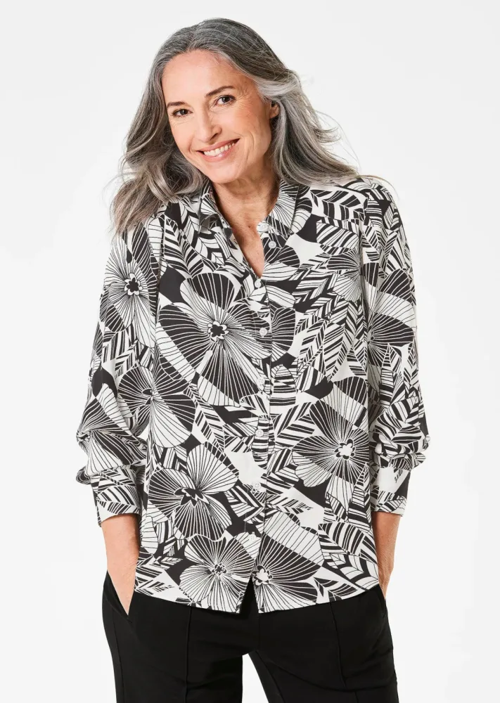 Druckbluse mit floralem Muster - schwarz / cremeweiss / gemustert - Gr. 19 von Goldner Fashion