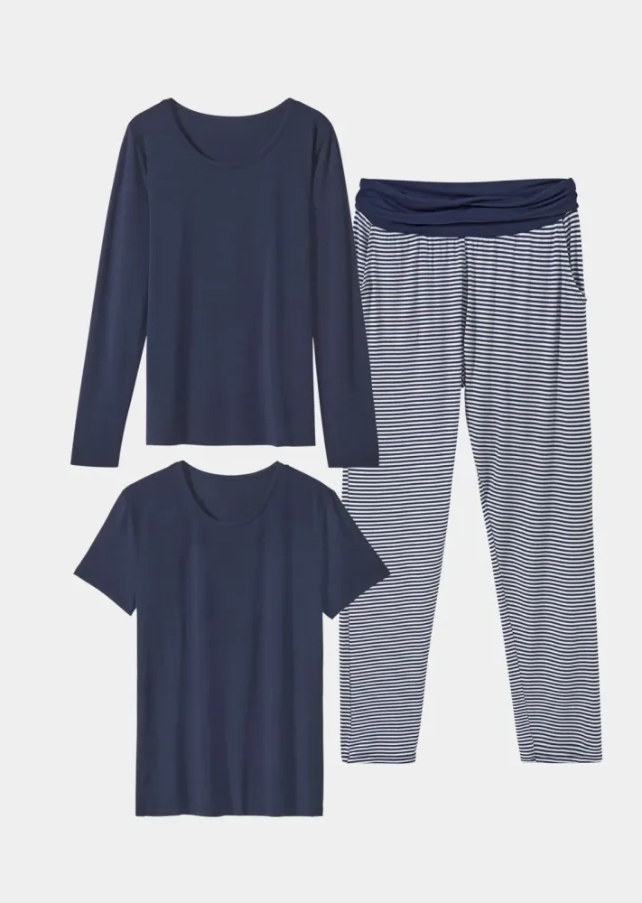 3tlg. Jersey-Loungewear-Set - marine / geringelt - Gr. 40 von Goldner Fashion