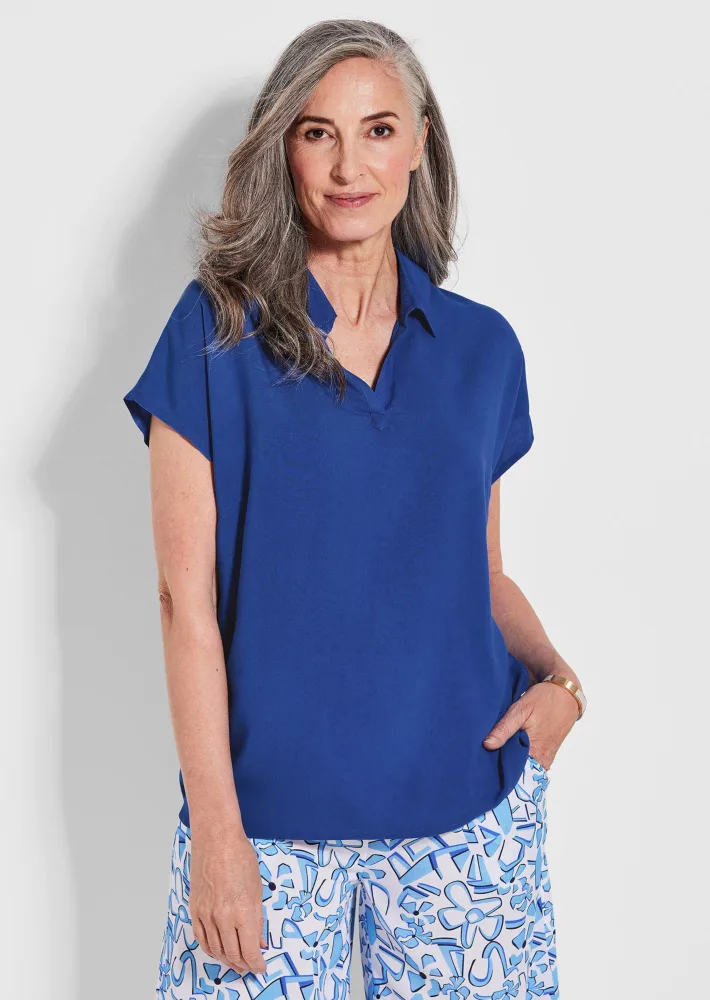 Schlupfbluse mit offenem Hemdkragen - royalblau - Gr. 22 von Goldner Fashion