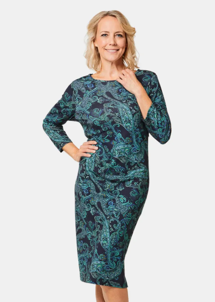 Elastisches Jerseykleid mit modischem Druck - marine / petrol / gemustert - Gr. 20 von Goldner Fashion