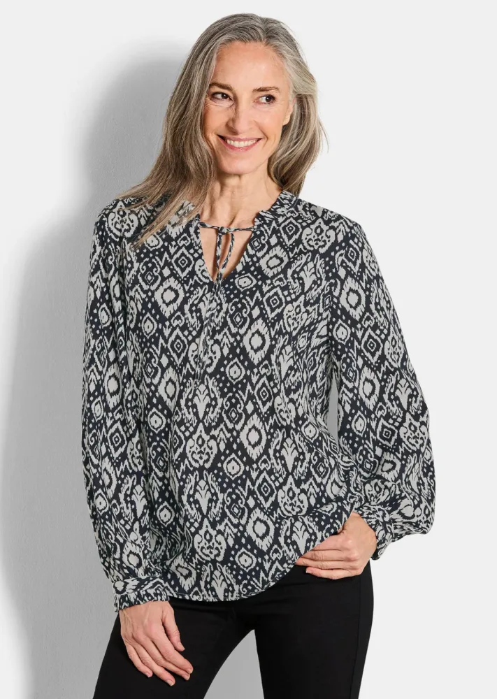Viskose-Bluse mit Rüschen - schwarz / gemustert - Gr. 20 von Goldner Fashion