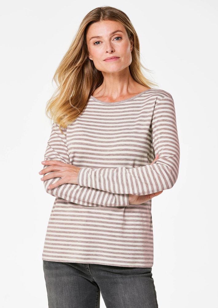 Ringelshirt mit U-Boot-Ausschnitt - taupe / cremeweiss / geringelt - Gr. 25 von Goldner Fashion