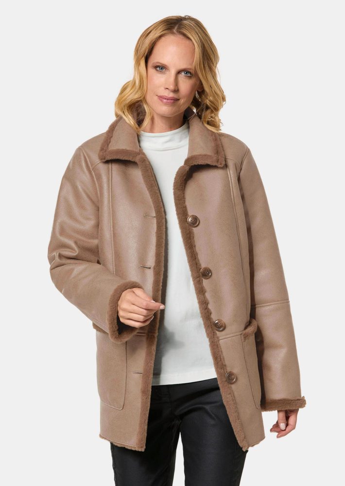 Kuschelige Longjacke in Lederoptik - camel - Gr. 21 von Goldner Fashion