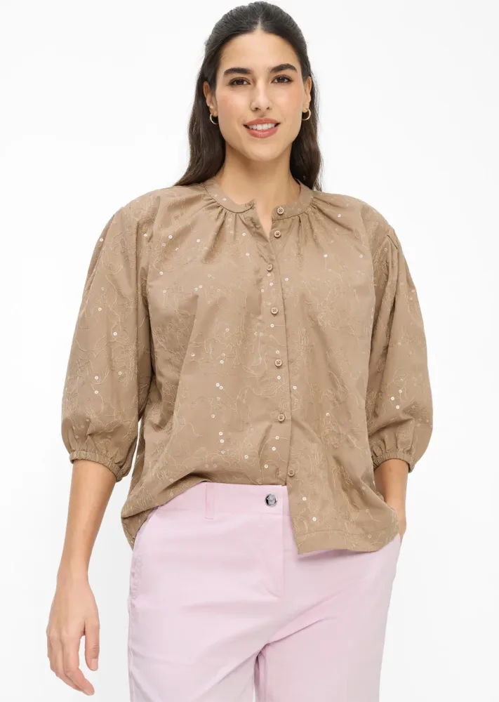 Bluse mit Blütenstickerei und Pailletten - braun - Gr. 38 von Goldner Fashion