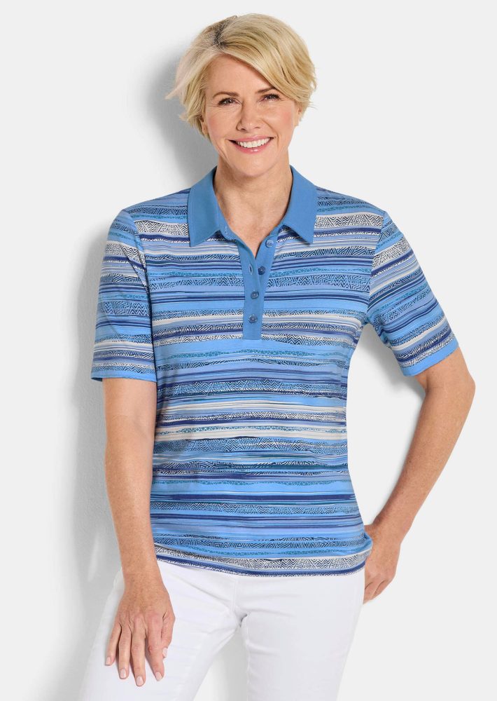 Geringeltes Poloshirt aus Viskose-Jersey - blau / gemustert - Gr. 48 von Goldner Fashion