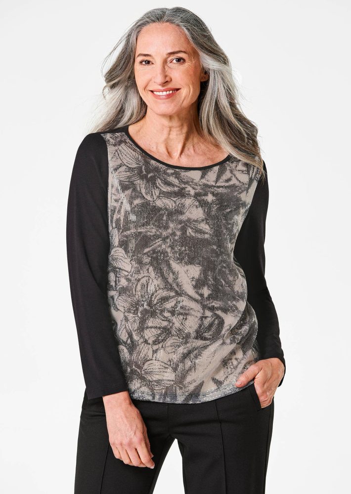 Langarmshirt mit Pailletten - schwarz / gemustert - Gr. 38 von Goldner Fashion