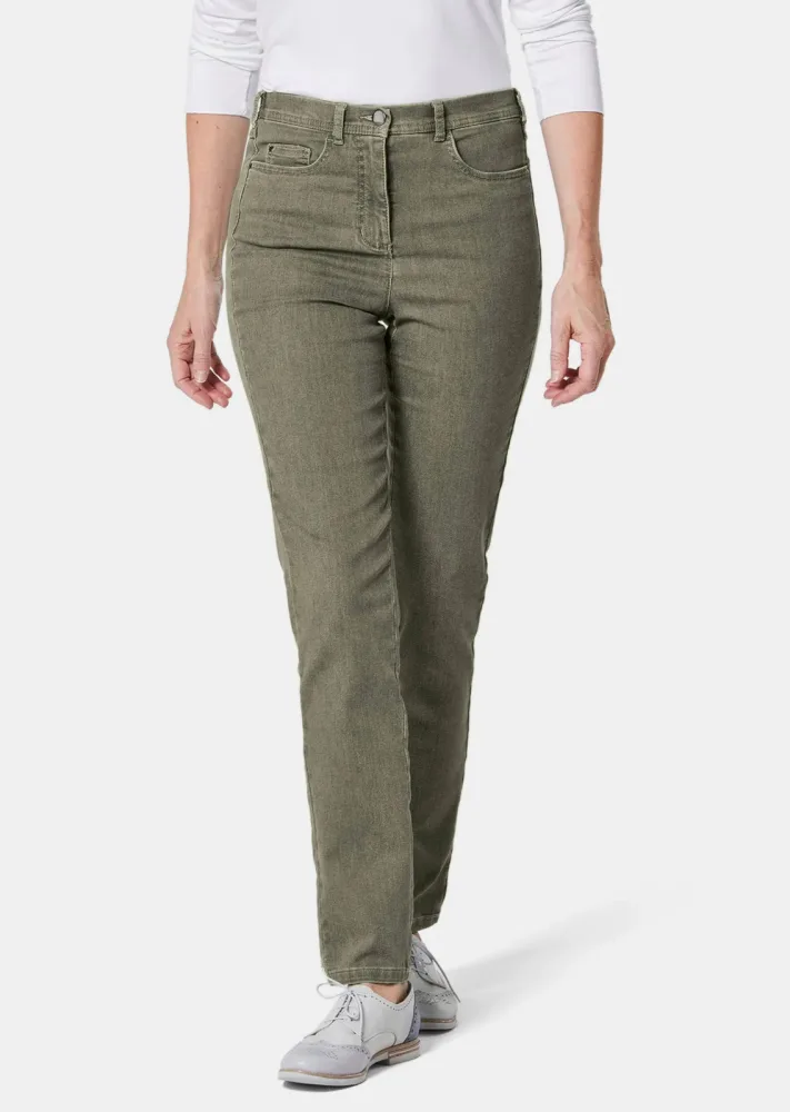 Schmale High-Stretch-Jeans LOUISA - khaki - Gr. 19 von Goldner Fashion