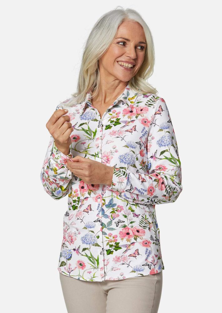 Ausdrucksstarke Jerseybluse mit Stretchanteil - rosé / weiss / gemustert - Gr. 20 von Goldner Fashion