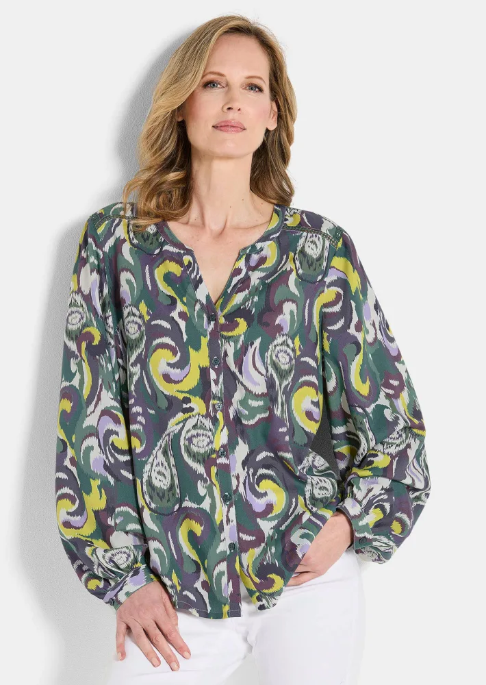 Luftige Bluse mit weiten Ärmeln - grün / gemustert - Gr. 19 von Goldner Fashion