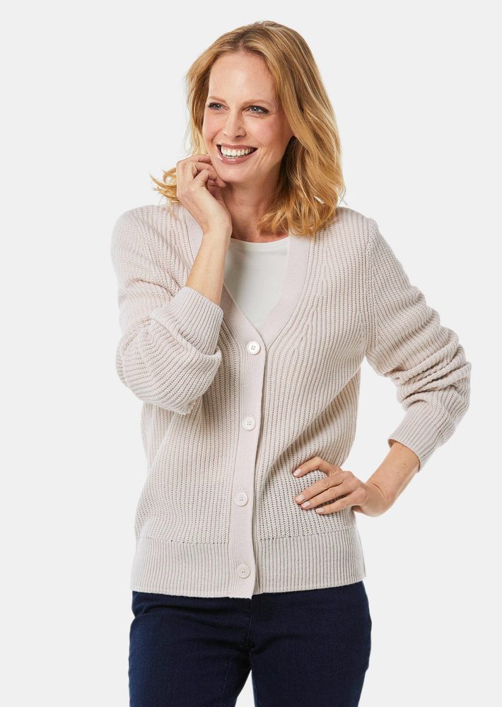 Pflegeleichte Strickjacke in hochwertiger Rippenstruktur - stein - Gr. 21 von Goldner Fashion