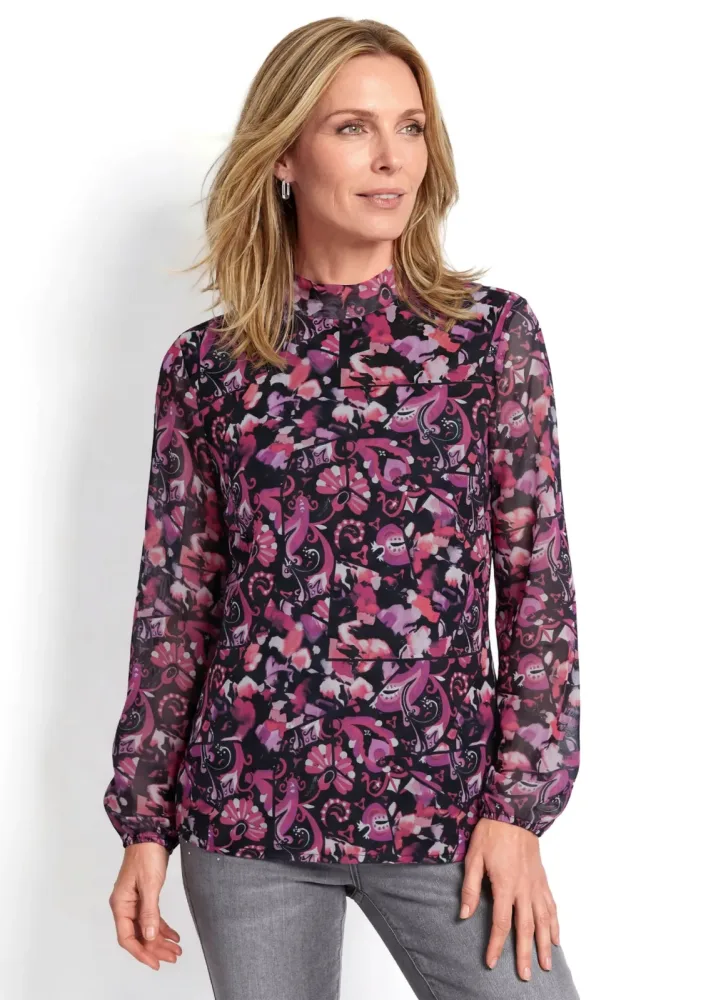 Leichtes Mesh-Shirt mit Stehkragen - pink / schwarz / gemustert - Gr. 19 von Goldner Fashion