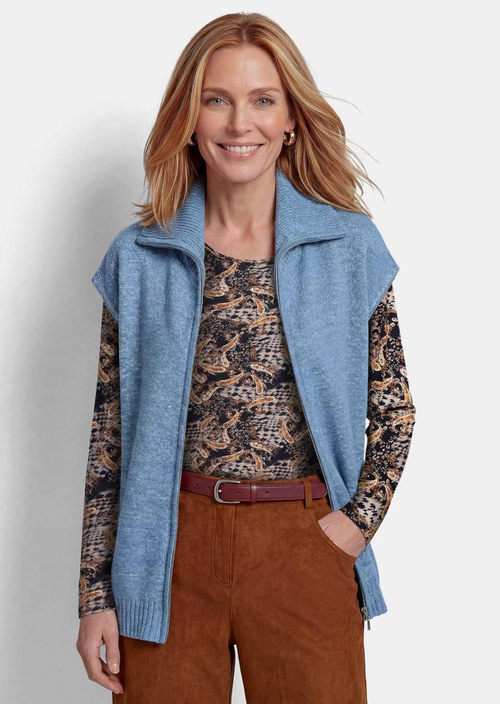 Strickweste mit Pailletten und Umlegekragen - blau / méliert - Gr. 21 von Goldner Fashion