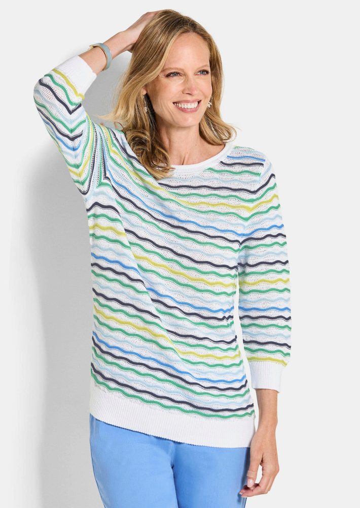 Pflegeleichter Strickpullover mit Wellenmuster - blau / grün / gemustert - Gr. 42 von Goldner Fashion