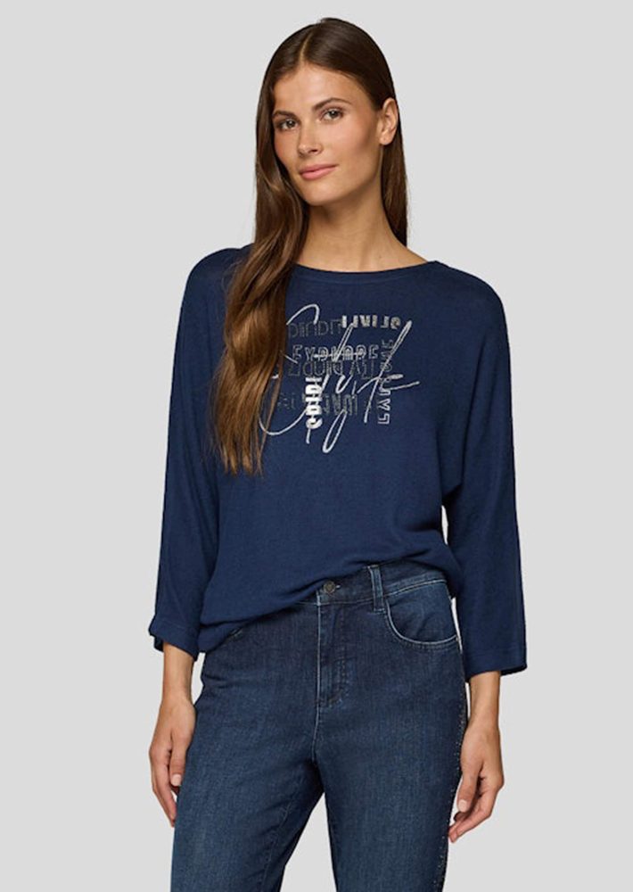 Flauschiges Shirt mit Letter Print - blau / méliert - Gr. 42 von Goldner Fashion